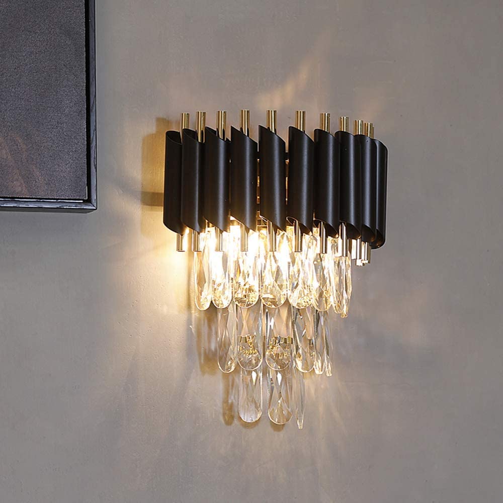 FRIXCHUR Modern Crystal Wall Sconce Lighting Black Crystal Wall Light Fixture Bedside Light 3 Tiers Crystal Wall Lamp for Bedroom Bathroom Dinning Living Room Hallway 2X E12 Base