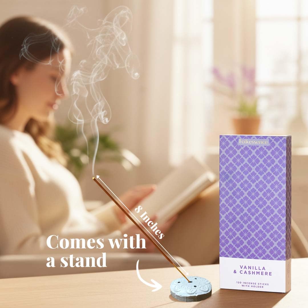Folkulture Incense Sticks with Holder (120 Sticks)| Vanilla & Cashmere Cozy Insence-sticks For Aromatherapy, Home Fragrance |No Charcoal,Organic,Non Toxic, 45 Mins, Long Burning Luxury Inscents-sticks