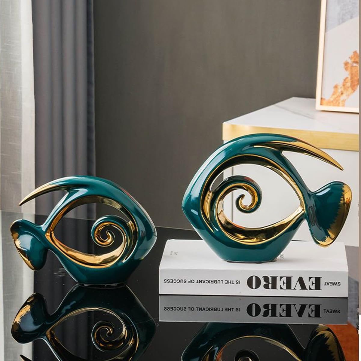 Tuioyoc Ceramic Statues Angelfish Home Decor Modern Style Figurine Green and Gold Decorative Ornaments for Living Room, Table Centerpiece, Kitchen, Office Desktop, Shelf, Entryway Decoration