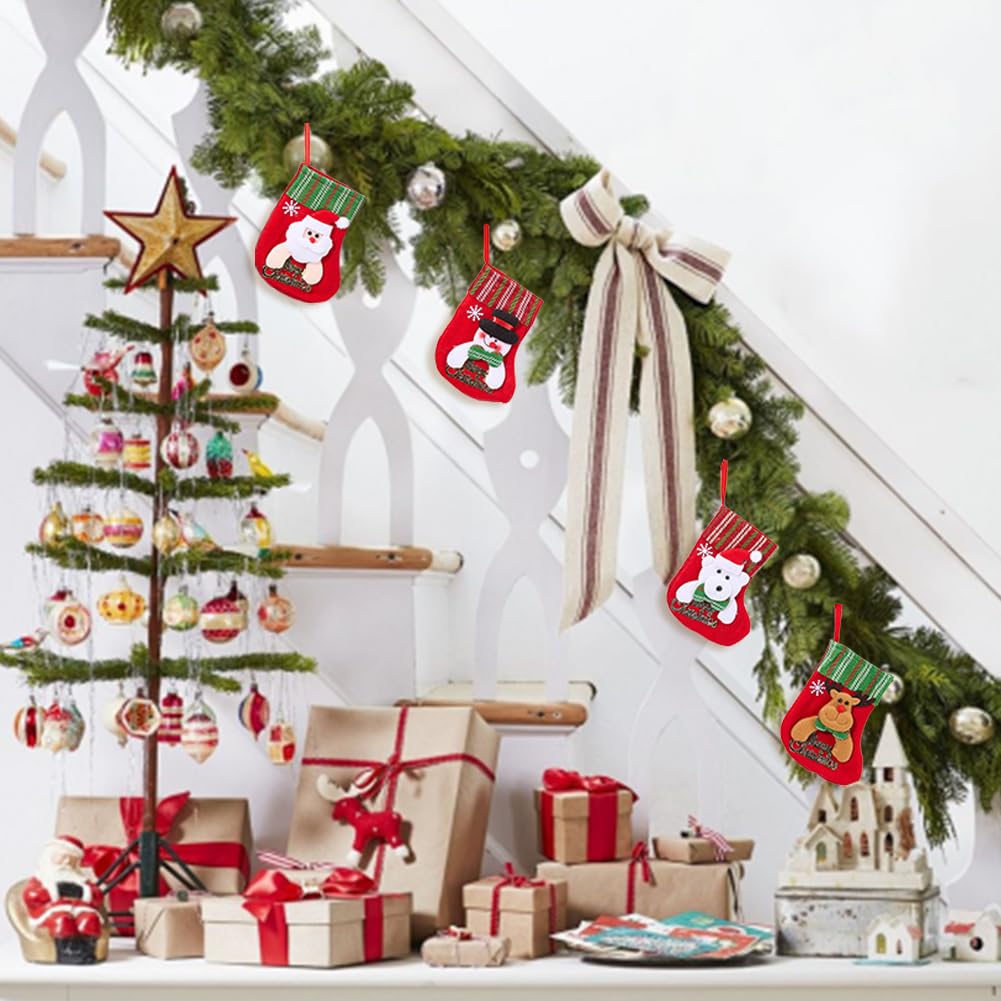 SOFPLATE 4 Styles 12Pcs Mini Christmas Stockings Christmas Hanging Stockings Bulk 3D Plush Santa Snowman Reindeer Bear Decorations for Home Decorations Tree Ornaments Party Favor Supplies Gift Holder