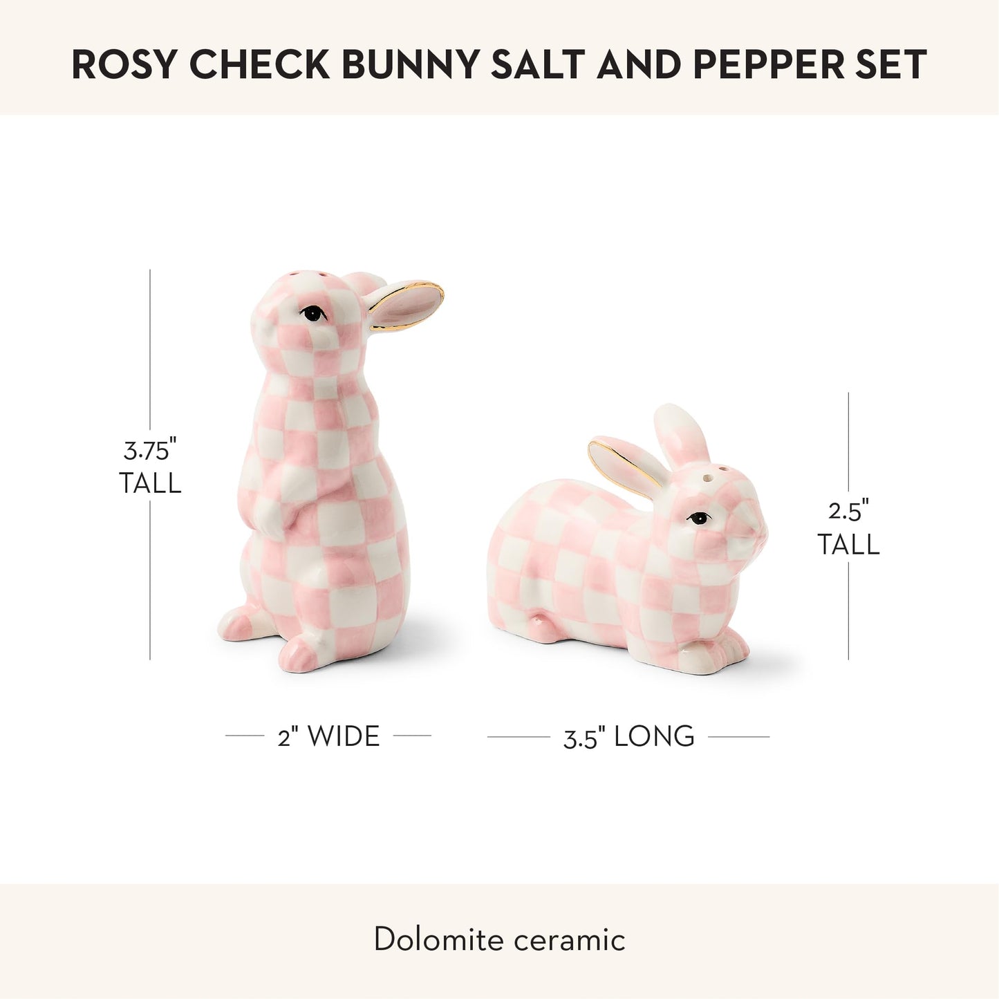 MACKENZIE-CHILDS Set of 2 Ceramic Salt and Pepper Shakers, Kitchen Table Accessories, Pink-and-White Rosy Check Bunny