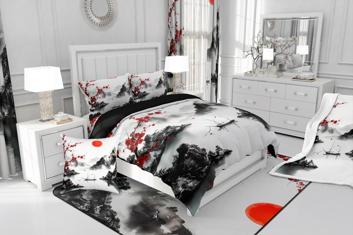 Feelyou Japanese Ukiyoe Theme Bedding Sheets Full Cherry Blossom Bed Sheet Set for Adult Kids Watercolor Fitted Sheet Natural Landscape Bed Cover 3Pcs,1 Fitted Sheet+2 Pillow Sham(No Flat Sheet)