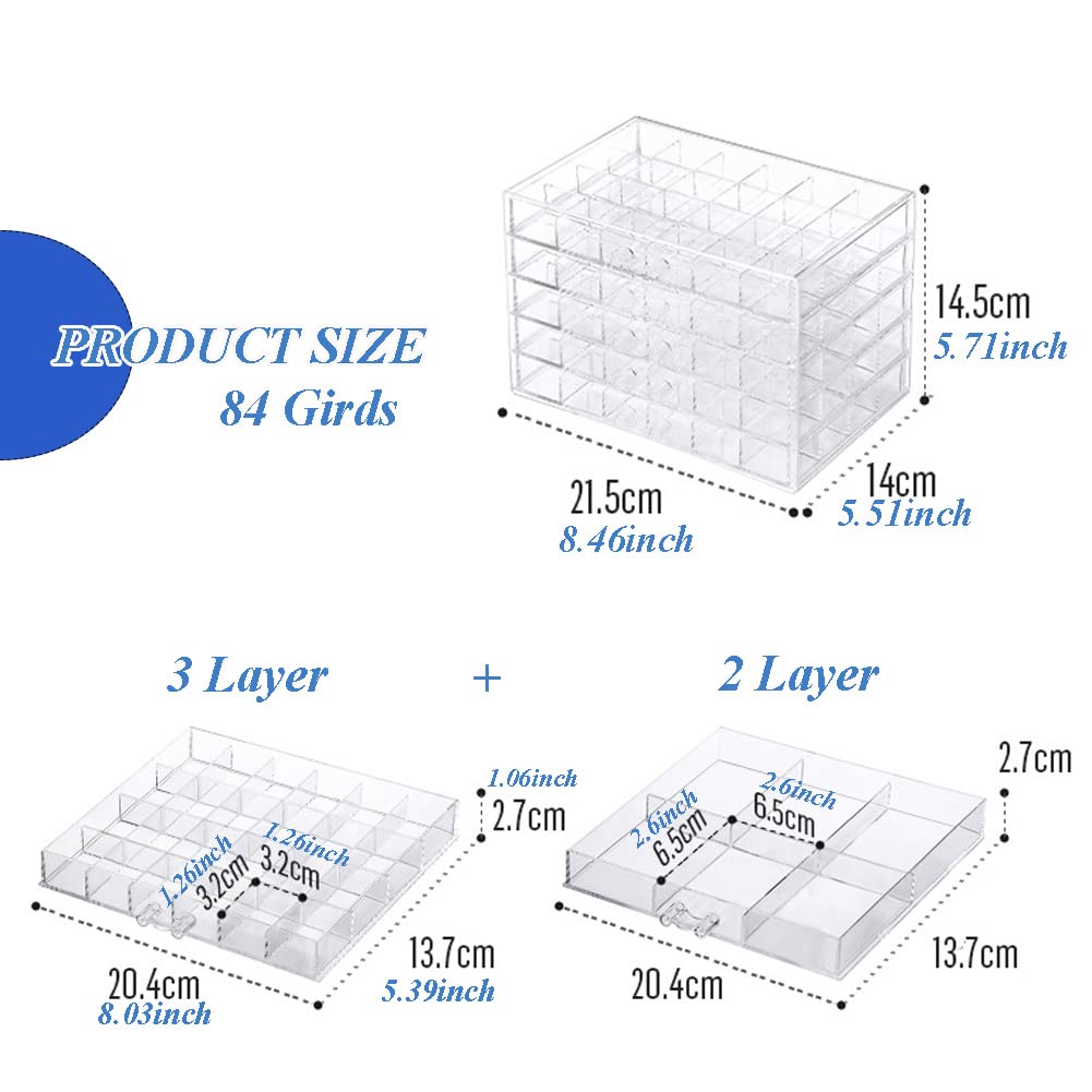 YUFONG Jewelry Boxes Earring Storage Box Organizer 5 Drawers Jewelry Organizer Acrylic Jewelry Storage Box Holder Compartment Transparent Display Storage Case Gift for Women Girls (84 Girds)