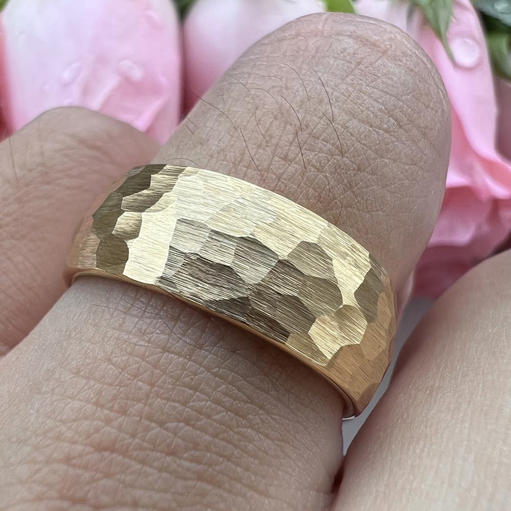 TUTISS 8mm Gold Hammered Tungsten Rings for Men Women Engagement Wedding Bands Domed Matte Finish Comfort Fit Size 15