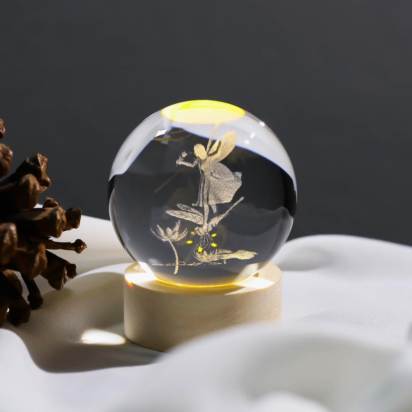 Arikyrist 3D Crystal Ball Lamp Decor Glass Sphere Paperweight with LED Wooden Base, 3D Laser Engraved Glass Fairy Figurines Night Light Gifts for Home Office Decor