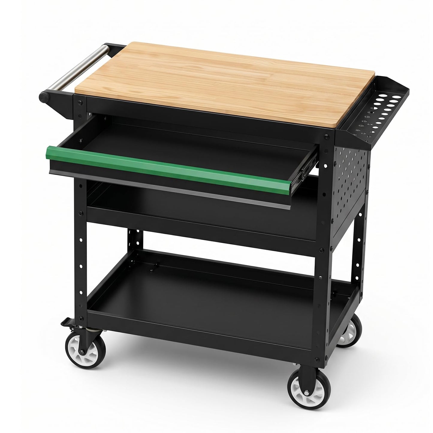 StrideoooTrek Rolling Utility Cart with Wooden Top, 3-Tier Mobile Workshop Table, Heavy-Duty Wheels,330LB Load Capacity Organizer Cabinet for Garage, Warehouse, Repair Shop