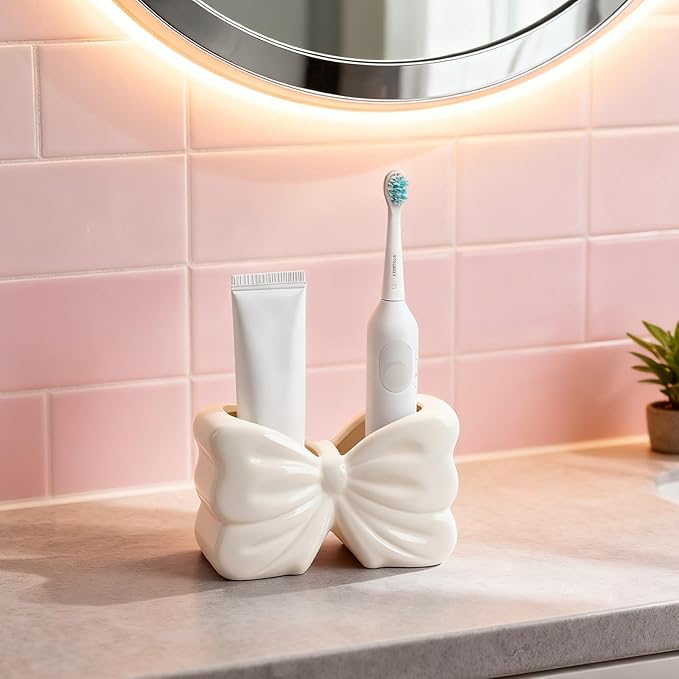 Bow Toothbrush Holder , 2-Slot Toothbrush and Toothpaste Holder Cute Toothbrush