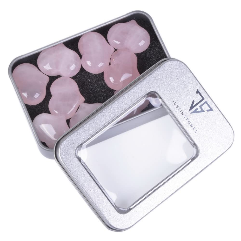 Natural Rose Quartz Gemstone Healing Crystal 1 inch Mini Puffy Heart Pocket Stone Iron Gift Box (Pack of 10)