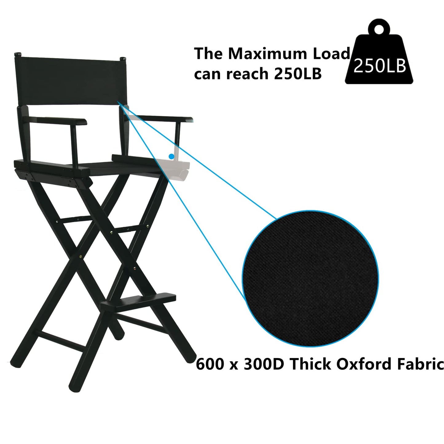 JXUFDHO Tall Directors Chair Foldable 46'', Makeup Chair Black for Makeup Artist, 250lbs Capacity Solid Hardwood,Black
