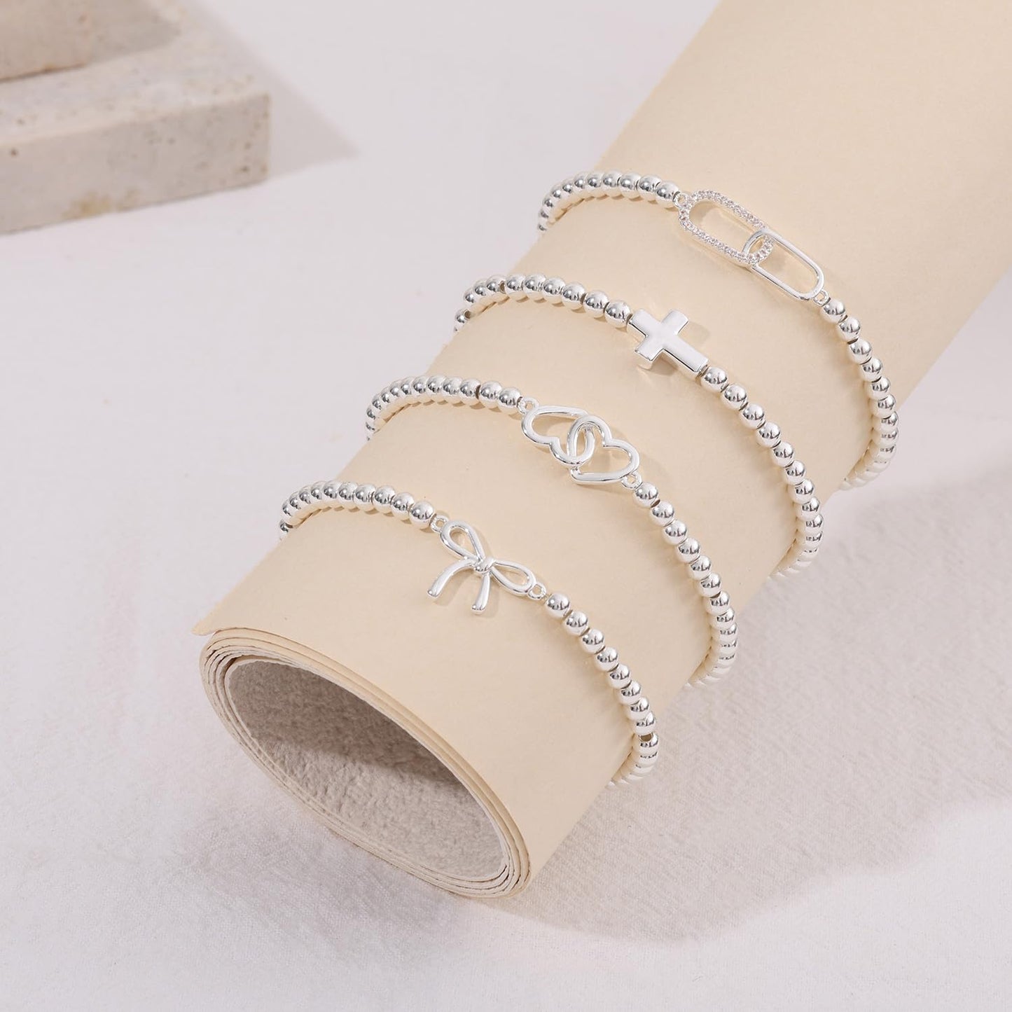 Beaded Bracelets for Women 14K Silver Gold Plated Stretch Handmade Ball Bracelets Cute Charm Bracelet Dainty Stackable Cross Heart Bow Wave CZ Circle Trendy Jewelry Easter Gifts (double-heart-silver)