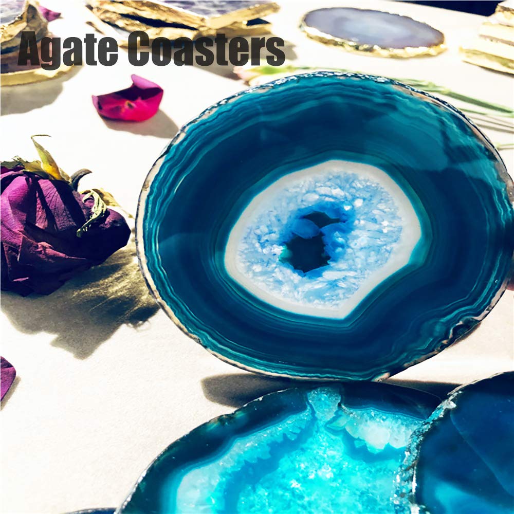 AMOYSTONE Teal Agate Coasters for Drinks - Set of 4 Geode Crystal Quartz Rock Slices With Rubber Bumpers 3-3.5"