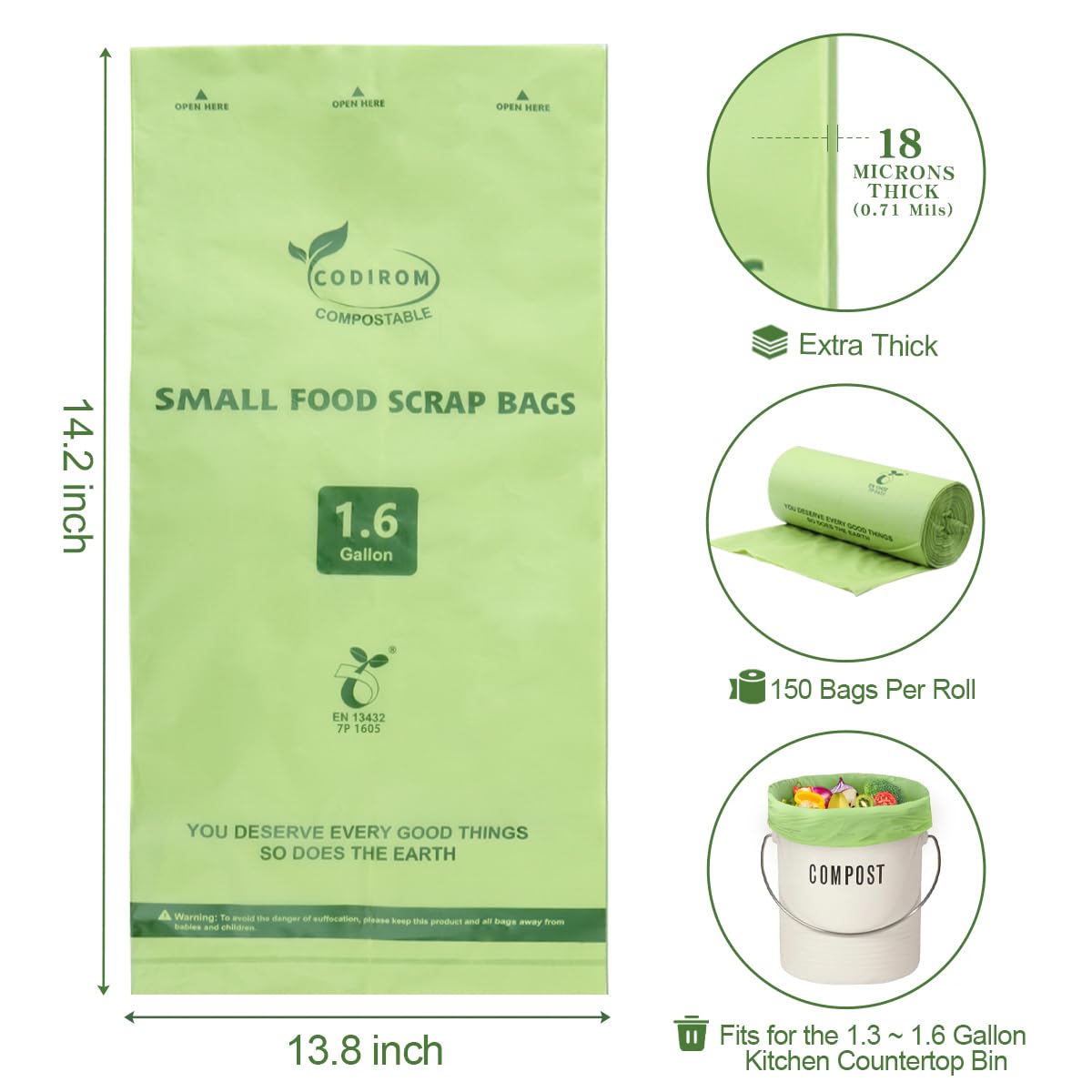 100% Compostable 1.6 Gallon Trash Bags, 6 Liter, 150 Count Kitchen Food Scrap Small Compost Bags for Countertop Bin with Europe EN13432 Certified