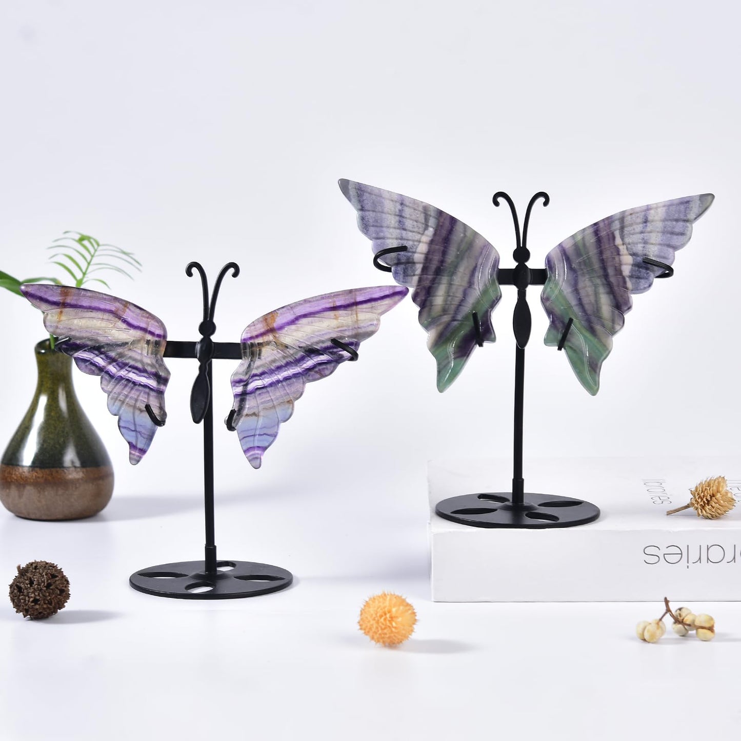 JIC Gem Rainbow Fluorite Crystal Butterfly Art Angel Wings Sculpture Carving,Healing Crystal Butterfly Ornaments Energy Decorative Stone Reiki Gifts (1pair, 10cm)