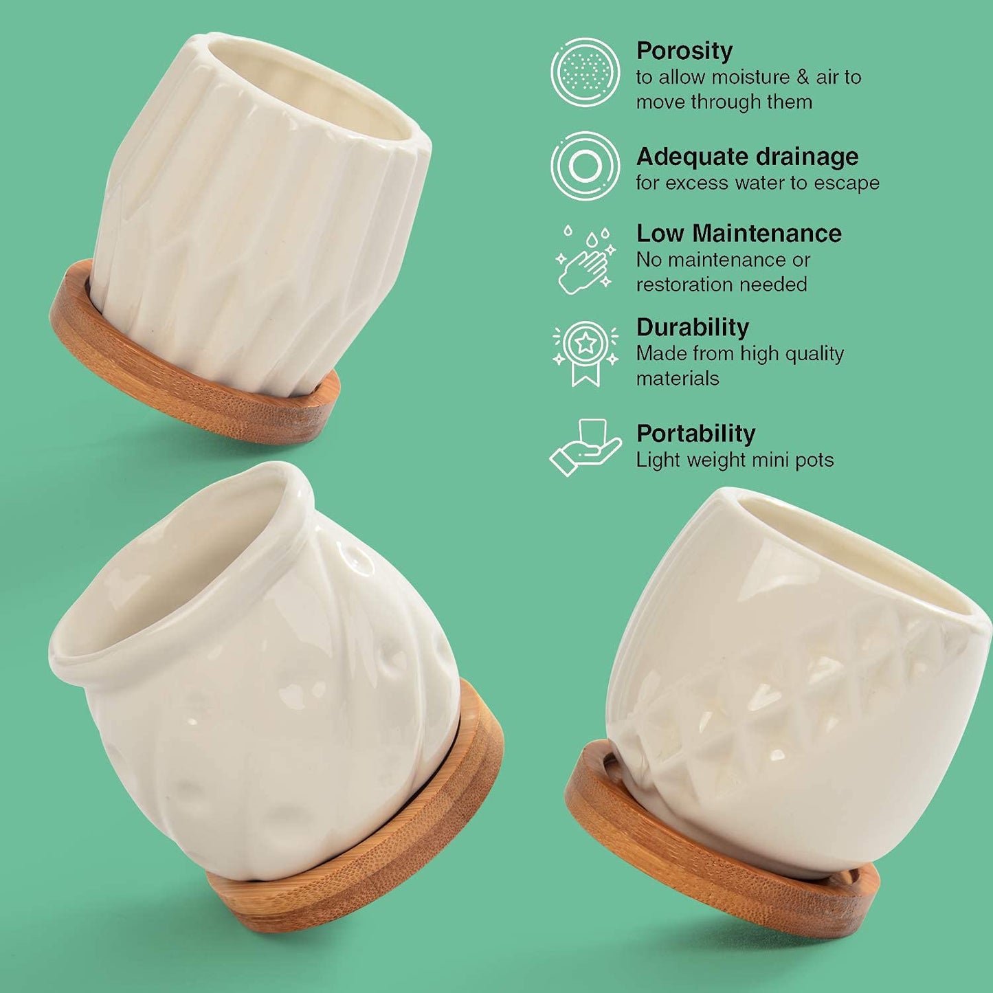 B SEPOR Set of 6 White Simple Porcelain Planters for Small Plant Pots Baby Succulent Cactus with Drainage and Saucer for Home Office Decoration Gift(White Stripes)