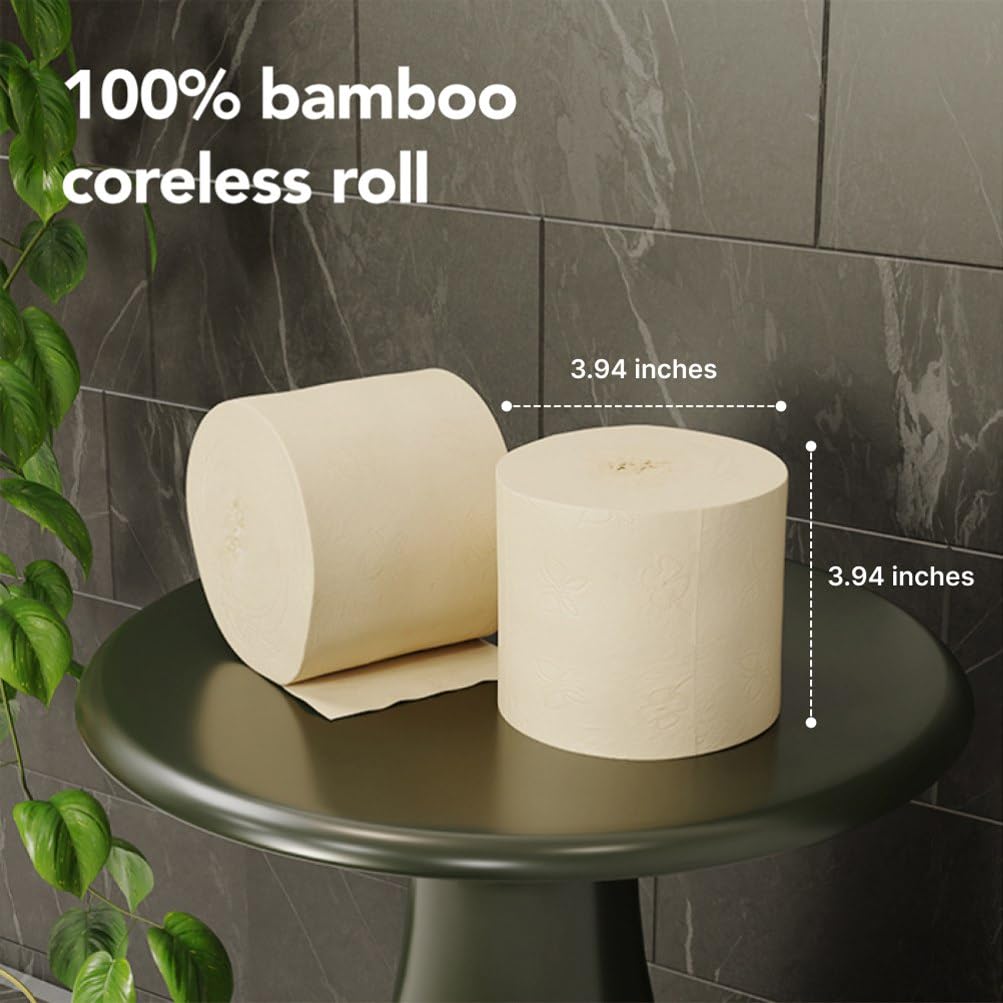 100% Tree-free Bamboo Toilet Paper, 3-Ply, 24 Rolls, Coreless, Plastic-Free Packaging