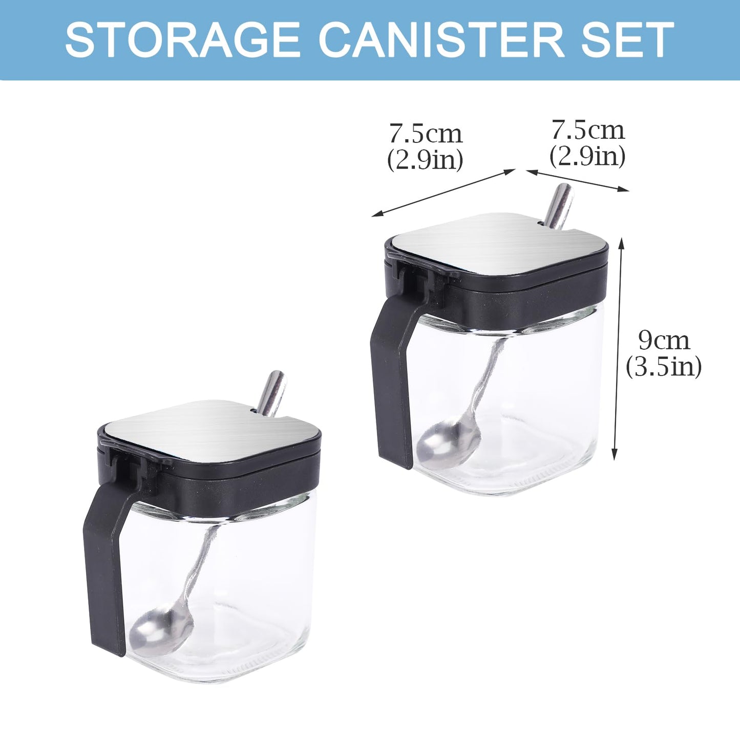 Mowhut Clear Seasoning Containers, 2 Pieces Condiment Containers with Stainless Steel Lids and Spoons, Glass Salt and Pepper Shakers, Sugar Dispenser for Salt Sugar Tea Herbal Coffee Beans