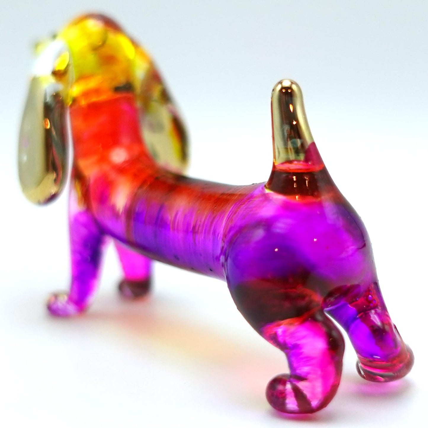 Sansukjai Dachshund Miniature Figurines Dog Animals Hand Blown Glass Art Gold Trim Collectible Gift Decorate (Pink Yellow)