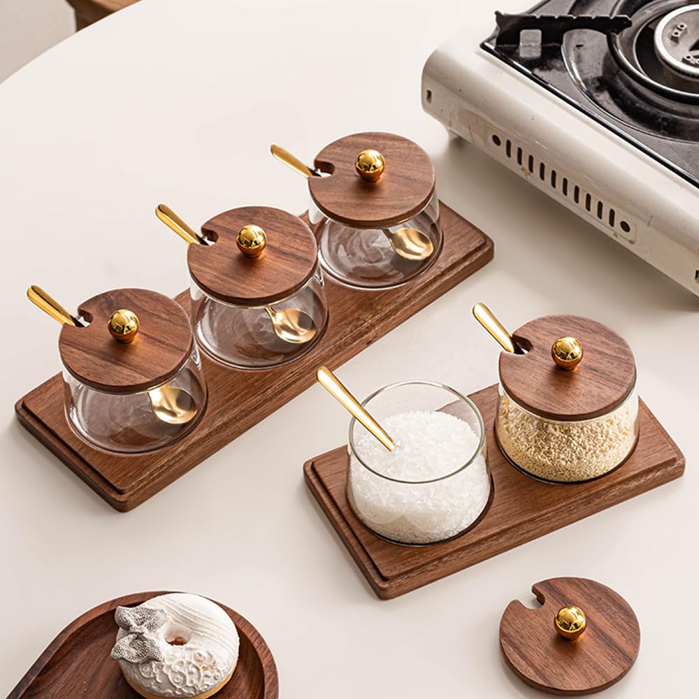 ANQIA Condiment Containers Set with Acacia Wood Lids and Tray Seasoning Box Condiment Pots Jars with Spoons for Spice Salt Sugar Cruet (Gold Top, 2 Jars with Tray)
