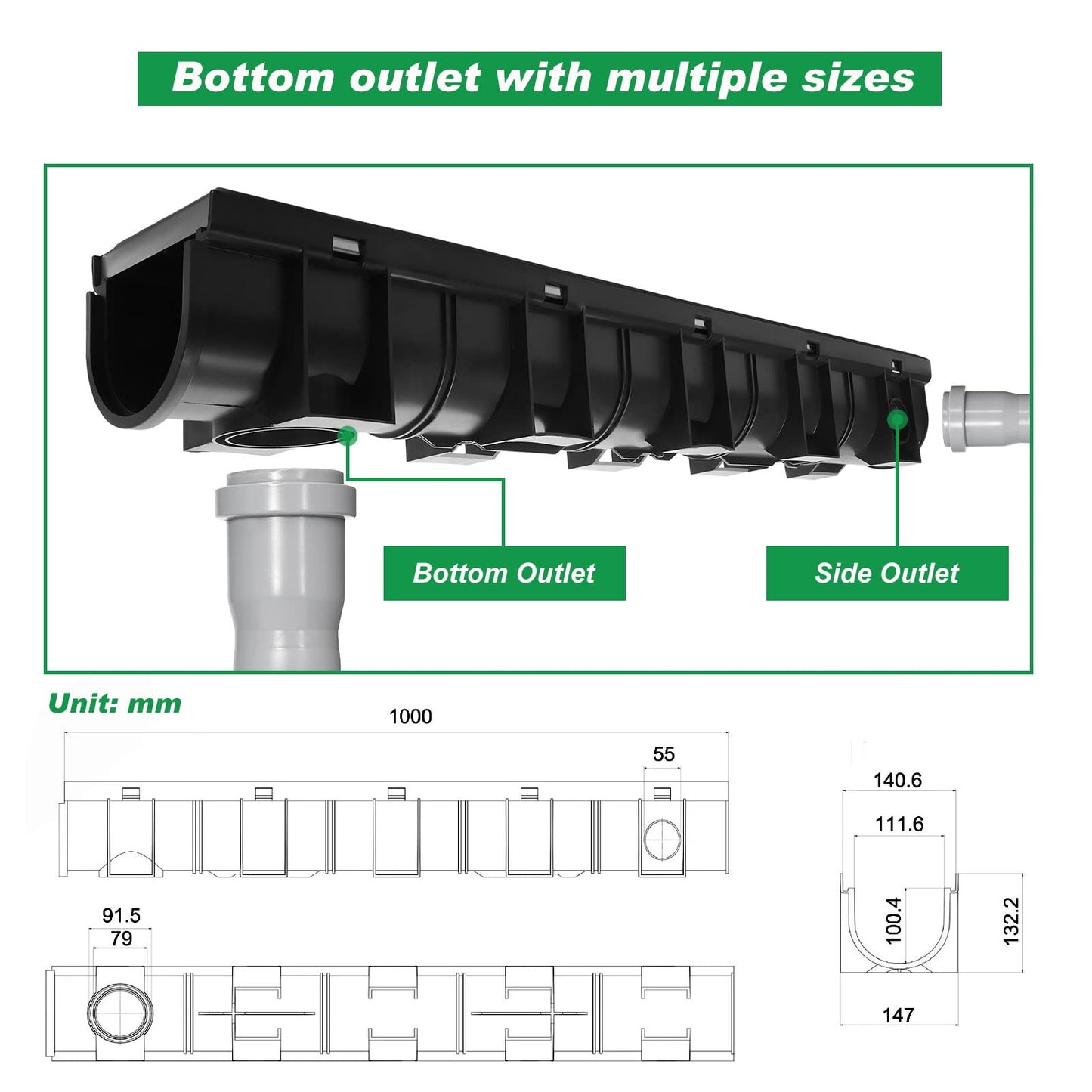 Amylove 3 Set Black Driveway Channel Drain with Stainless Steel Grate and Plastic End Caps 39.4 x 5.9 x 5.1 Inches, Outdoor Garage Floor Drainage Trench Systems for Lawn Landscaped Garden Pool