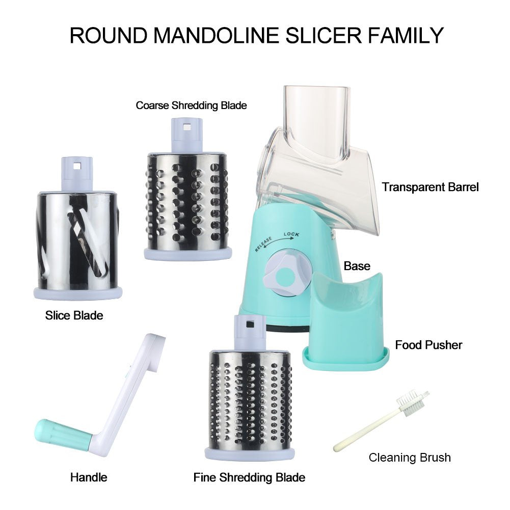 Cambom Rotary Cheese Grater Hand Crank Cheese Shredder for Fresh Cheese, Vegetable, Nuts,Non-slip Suction Base, Free Cleaning Brush Three Blades, Blue