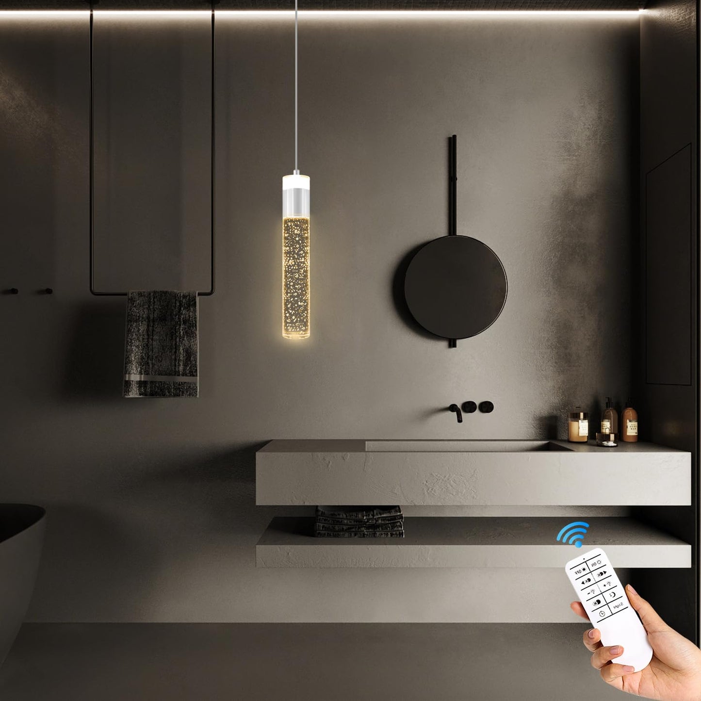 IDEQUY Modern LED Chrome Crystal Pendant Light Kitchen Island, Bedroom Bedside Hanging Ceiling Lamp with Crystal Bubble Column, Dimmable 3000k-6000k 1-Light Independent