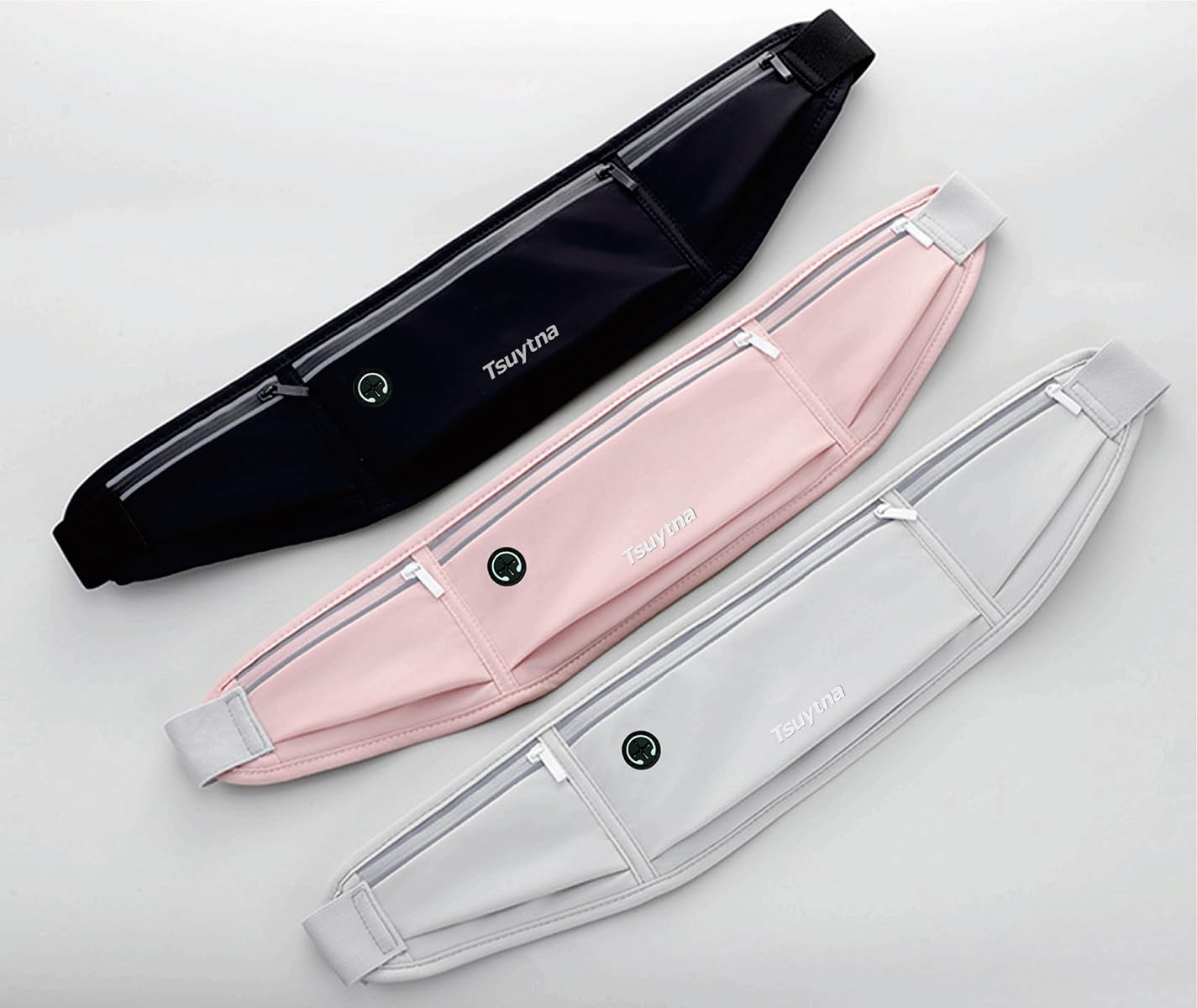 TSUYTNA Running Belt for Women & Men - Slim Phone running belt with Water-Resistant Phone Holder, 3 pockets Adjustable Waist Strap, Reflective Safety Design for Running, Hiking, Travel,Fitness (Pink)