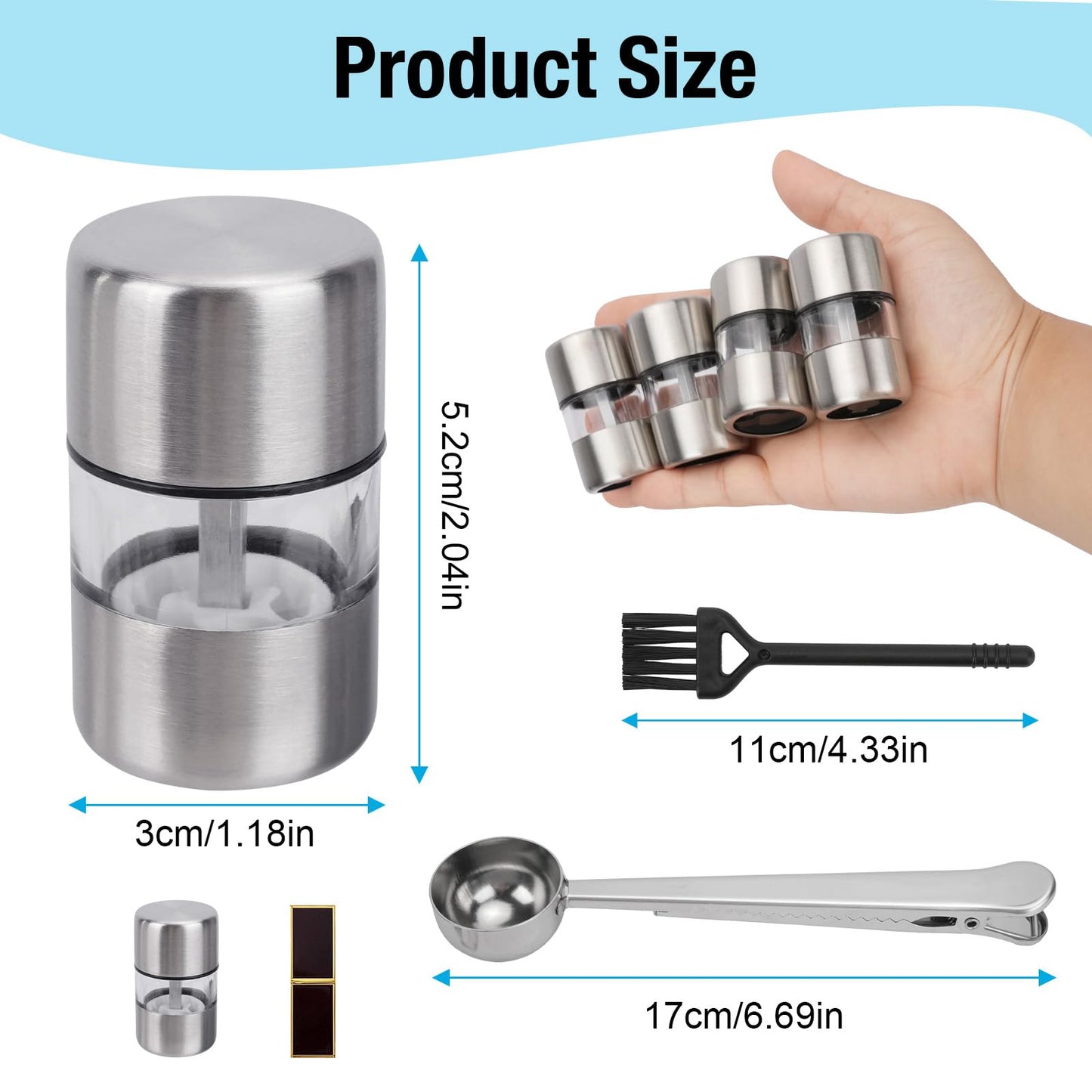 WRENYZK 4pcs Mini Salt and Pepper Grinder Set, Portable Travel Salt and Pepper Sets with Scoop of Bag Clip and Cleaning Brush, Refillable Spice Mill Stainless Steel Grinder for Home Kitchen BBQ