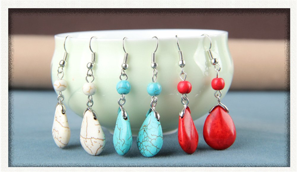 4th of July Earrings Blue Turquoise Drop Earrings Double Stone Round Bead Independence Day Dangle Earring for Women Fashion Jewelry Gift (E:blue)