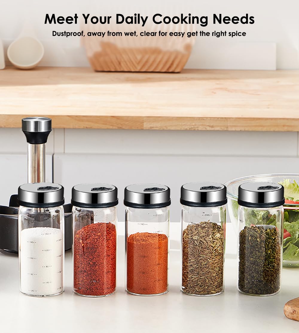 TINMIX Revolving Spice Rack Organizer, Rotating Seasoning Holder Shelf with 5 Large 200ml Glass Jars for Kitchen Countertop Cabinet