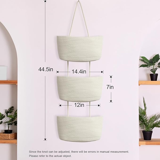 TeoKJ Over the Door Hanging Baskets, 3-Tier Woven Cotton Storage Organizer Bag