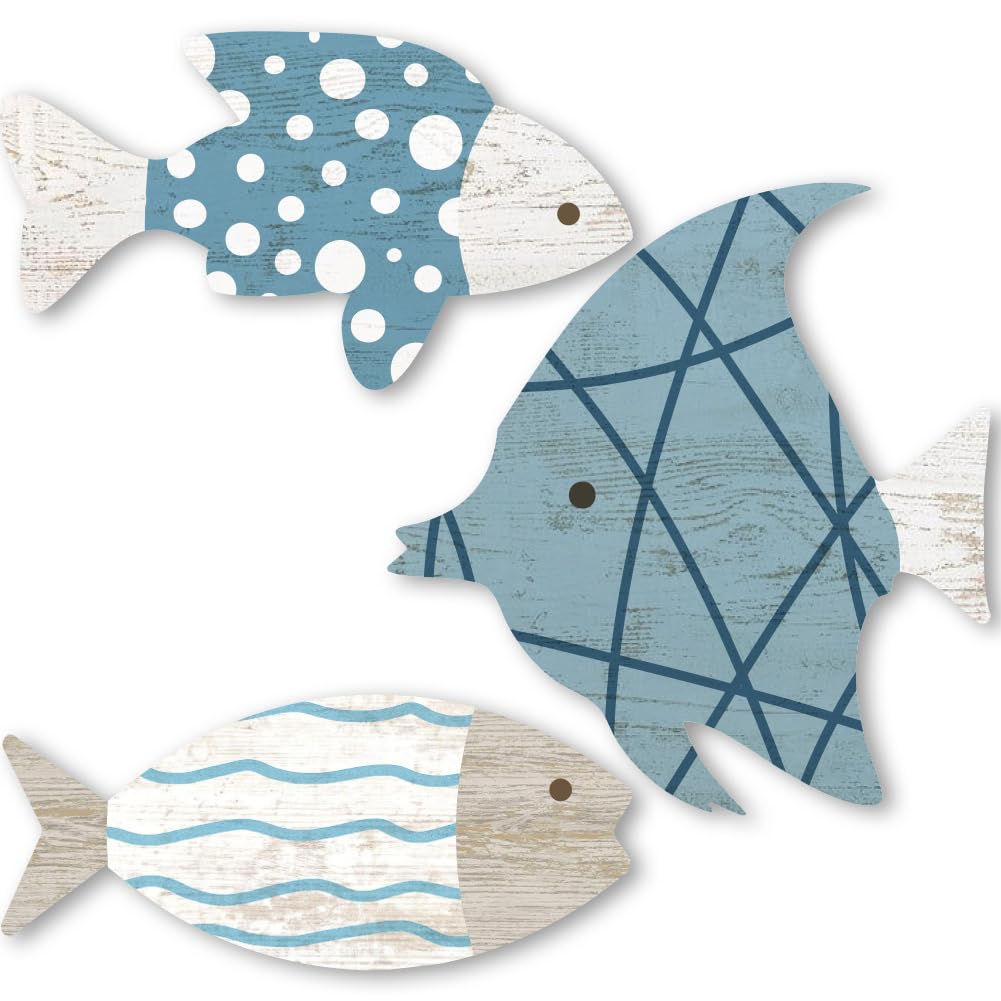 PRESSINART 3 Pcs Wooden Fish Wall Decor Sea Wall Sculptures Fishs Ocean Theme Hanging Art Signs for Lake House Restaurants Shop Bedroom Bathroom Dining Room Kitchen Home Office Garden Decorations