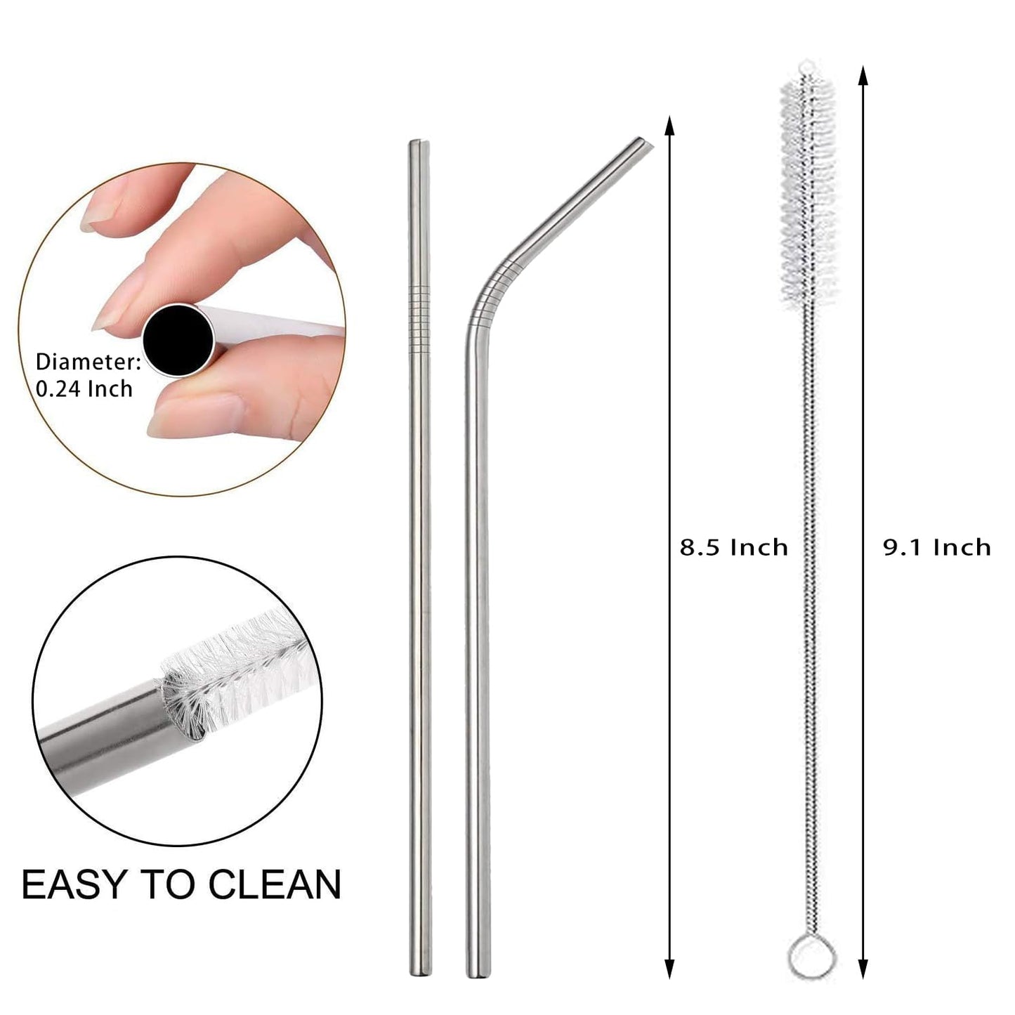 12-Pack Reusable Straws - Metal Straws Dishwasher Safe - Drinking Stainless Steel Straws for 20 oz Tumblers - 2 Cleaning Brushes Included