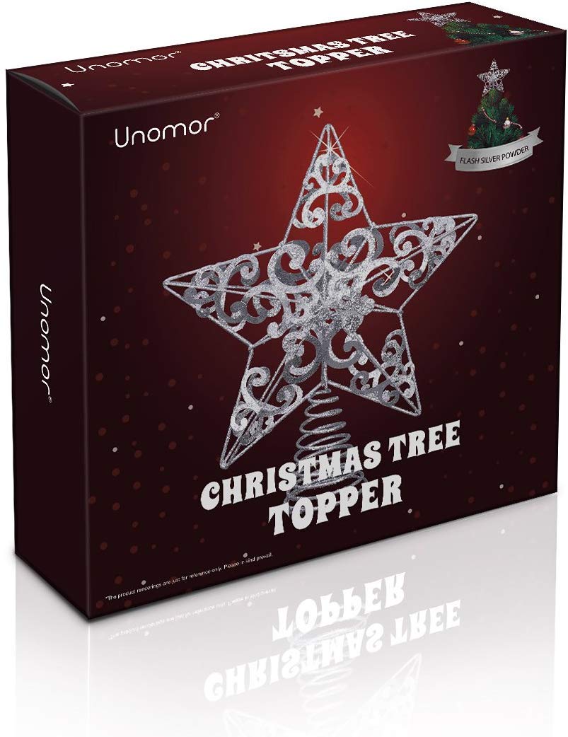 Wrought Iron Silver Star Tree Topper 9.84 Inch Christmas Tree Decoration with Hollow Design for DIY Lights
