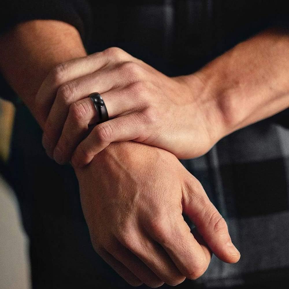 TRUMIUM 8mm Black Ring Band Tungsten Wedding Band for Men Women High Polished Dome Comfort Fit Size 12
