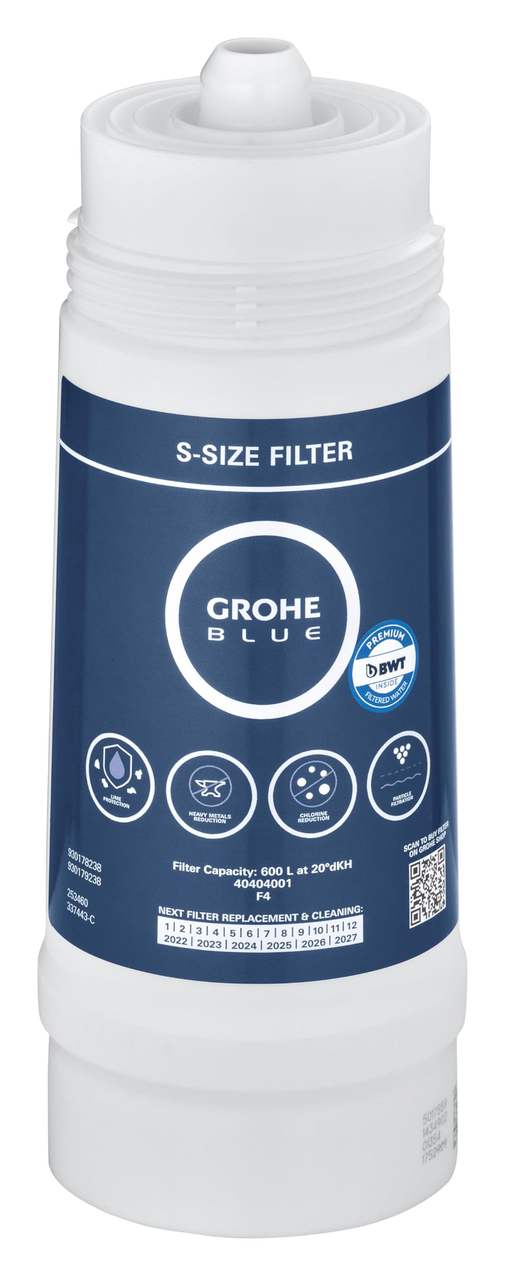 GROHE Blue S-Filter Cartridge - Replacement Filter for Blue and Red Water Systems for Fresh Filtered Water, Reduces Limescale and Heavy Metals, Capacity 600 Litre, 40404001
