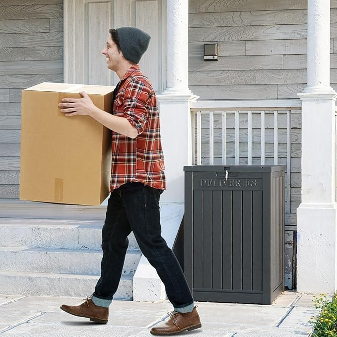 DRATO 48 Gallon Package Delivery Box, Large Lockable Storage Box, Double-Wall Resin Outdoor Package Delivery and Waterproof Deck Box for Porch, Patios(Black,48 Gallon)