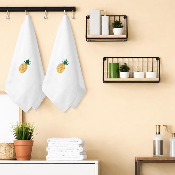 2 Pcs Pineapple Hand Towels White-Yellow Bathroom Decor 14x29 Inch Embroidered