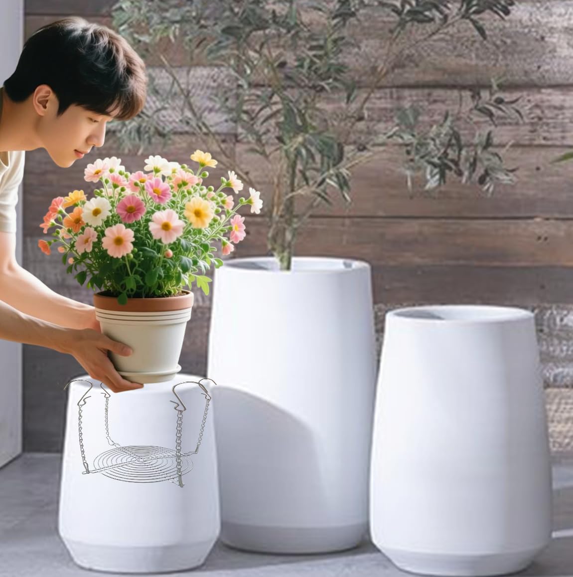Toeloioh Adjustable Height Planter Inserts for Tall Planters Large Pots,4 Hooks Fits in The Top Openings,Chain Planter Filler Elevate Plants,Wedding & Party Decor