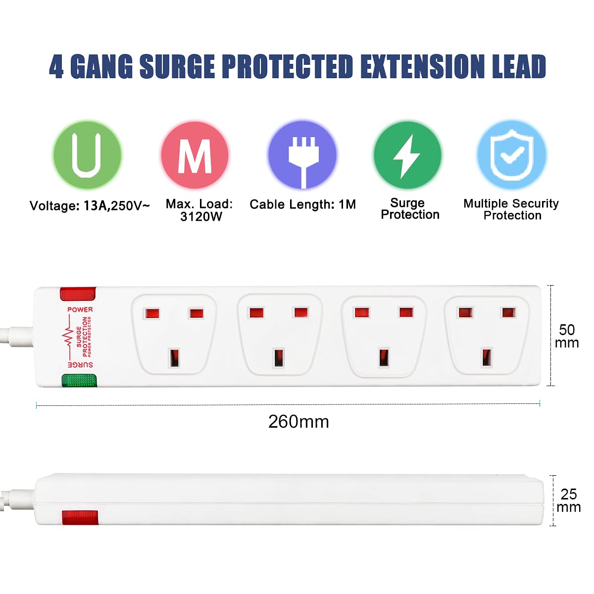ExtraStar 4 Way Extension Lead with Surge Protection, 13A/250V~ Multi Sockets Power Strips, 3120W Fused UK Plug Wall Mounted Power Socket with 1M Extension Cord-White