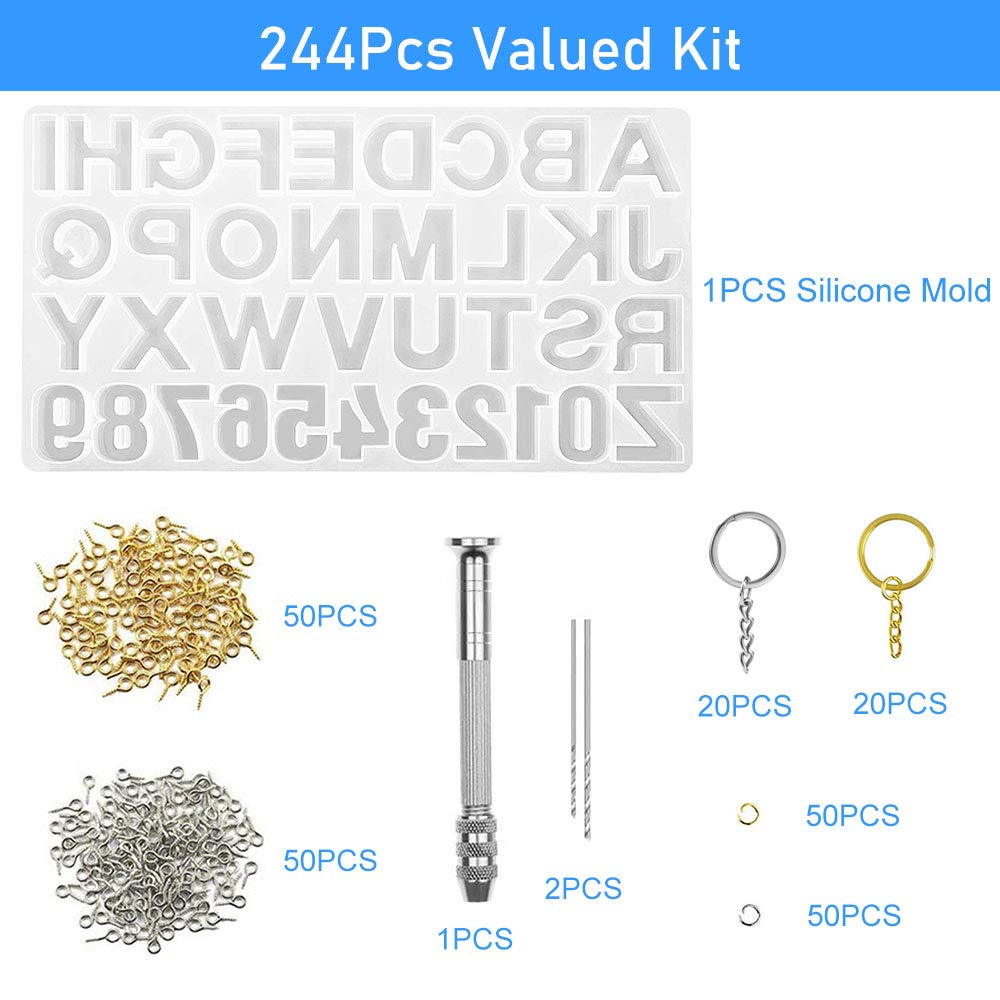 244Pcs Alphabet Silicone Resin Casting Molds Kit, Reversed Letters & Numbers Epoxy Casting Molds with Pin Vise Set for DIY Making Keychain/House Number Resin Crafts