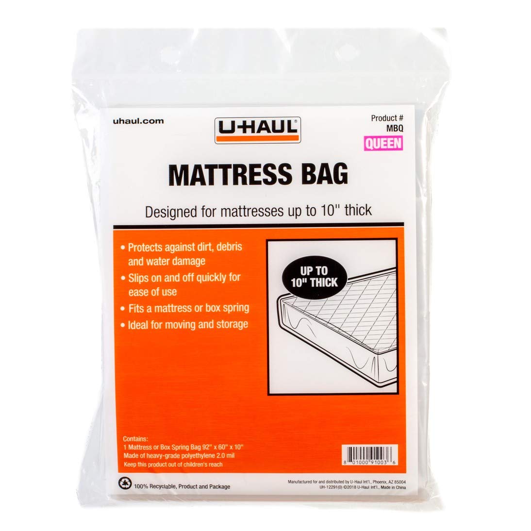U-Haul Queen Mattress Bag – Heavy-Duty Plastic Protection for Moving & Storage – 92" x 60" x 10" (1-Pack)