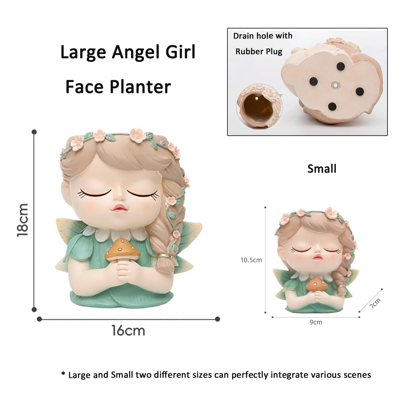 Cute Angel Girl face Succulent Plant Pot with Drainage Hole Large Girl face Planter Pot Big Resin Lady Head Planter Tall Flower vases for Indoor and Outdoor Plants Garden Gift for Plants Lover
