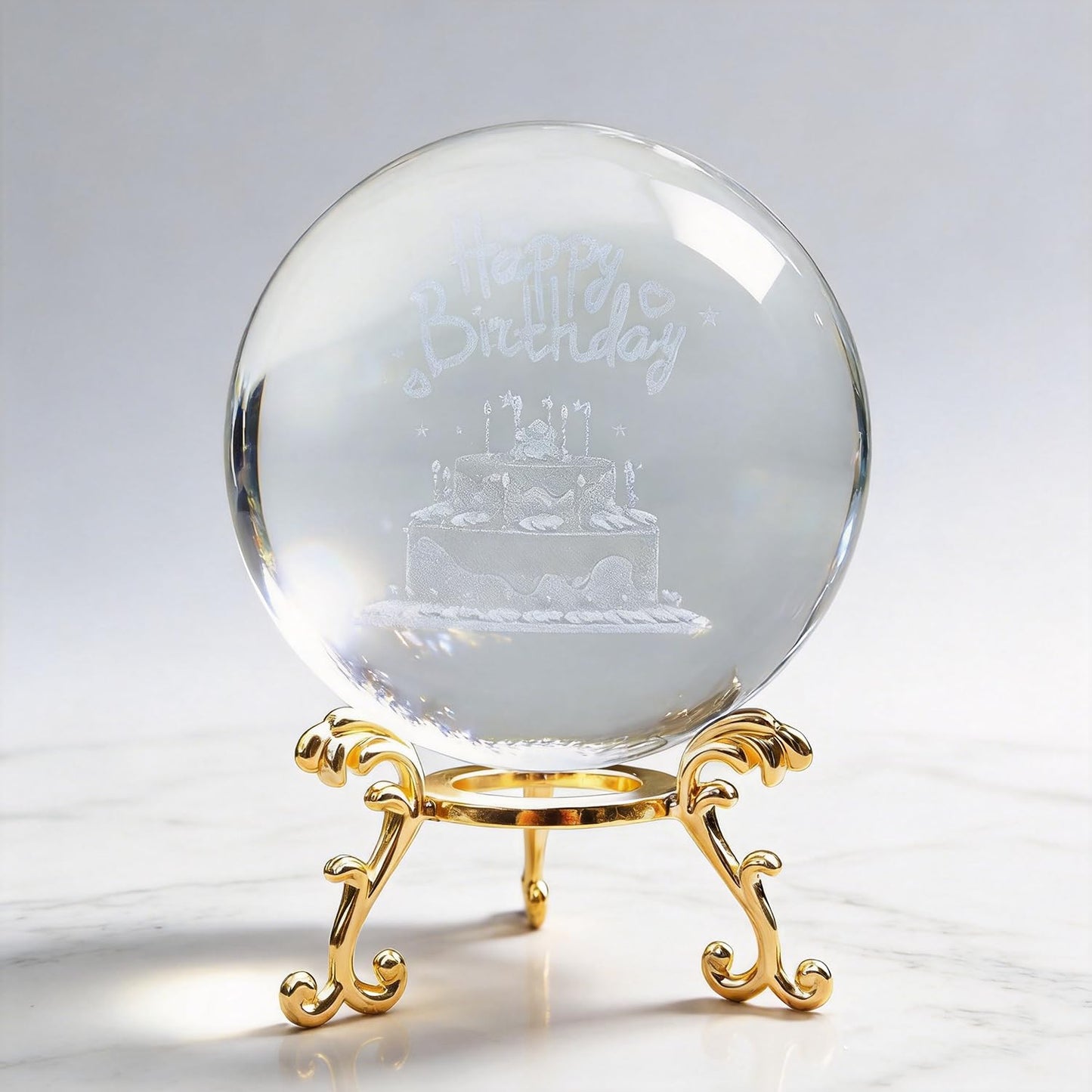 YINBEILIXU Crystal Ball with Metal Stand,3D Glass Ball Sphere, Crystal Figurine Clear Ball for Home Decoration, Party,Birthday,Anniversary,Wedding Decor, Gift,Photography (90mm, Cake)