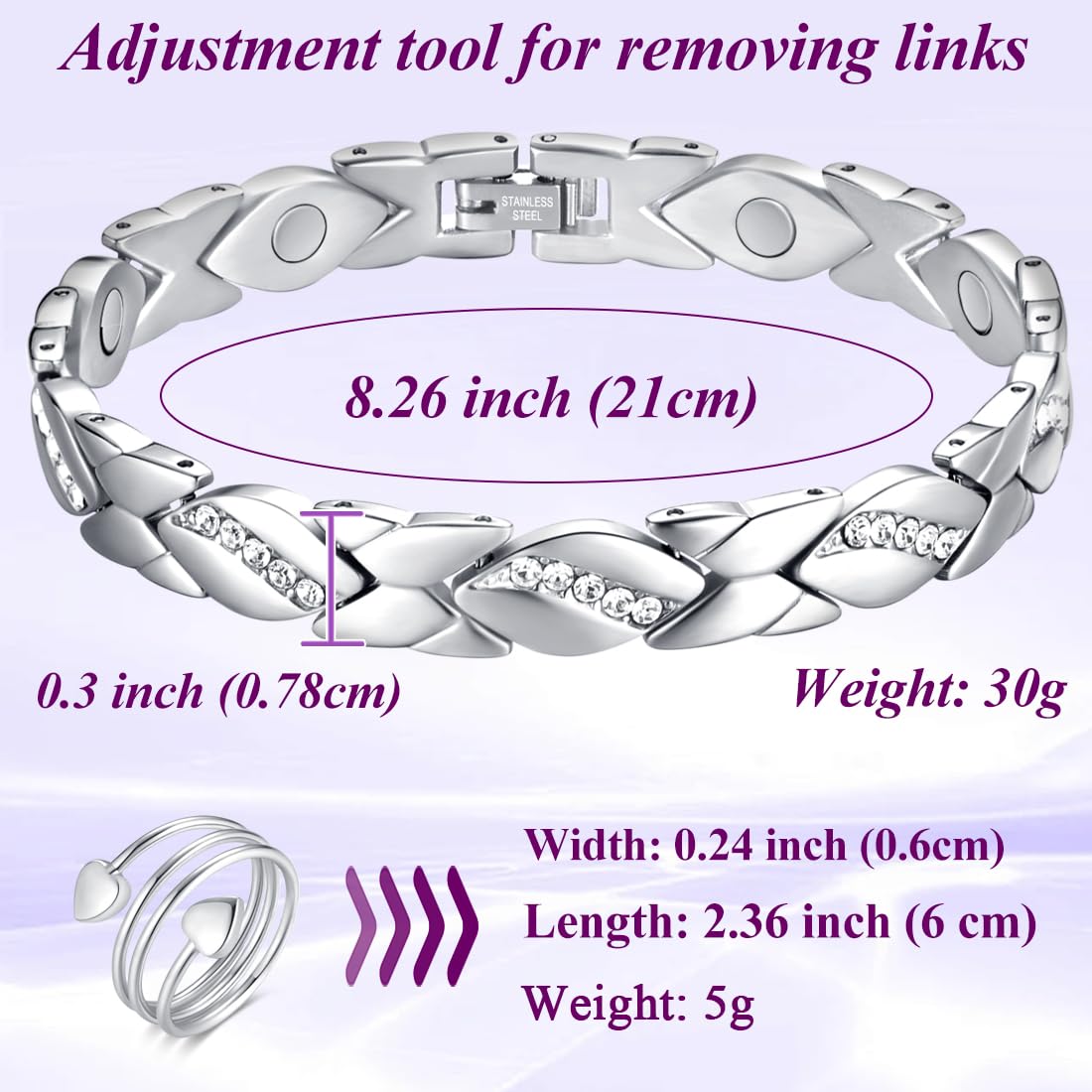Vicmag Magnetic Bracelets for Women Ladies Titanium Steel Ultra Strength Magnets Bracelet with 3500 Gauss Effective for Women with Gift Box & Removal Tool(Crystal Design for Ladies)(Platinum)