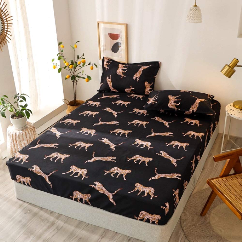 NATURETY Bedding Fitted Sheet with Deep Pocket,Leopard Printed Thicken Fabric Bed Sheets (Black Gold, Twin)