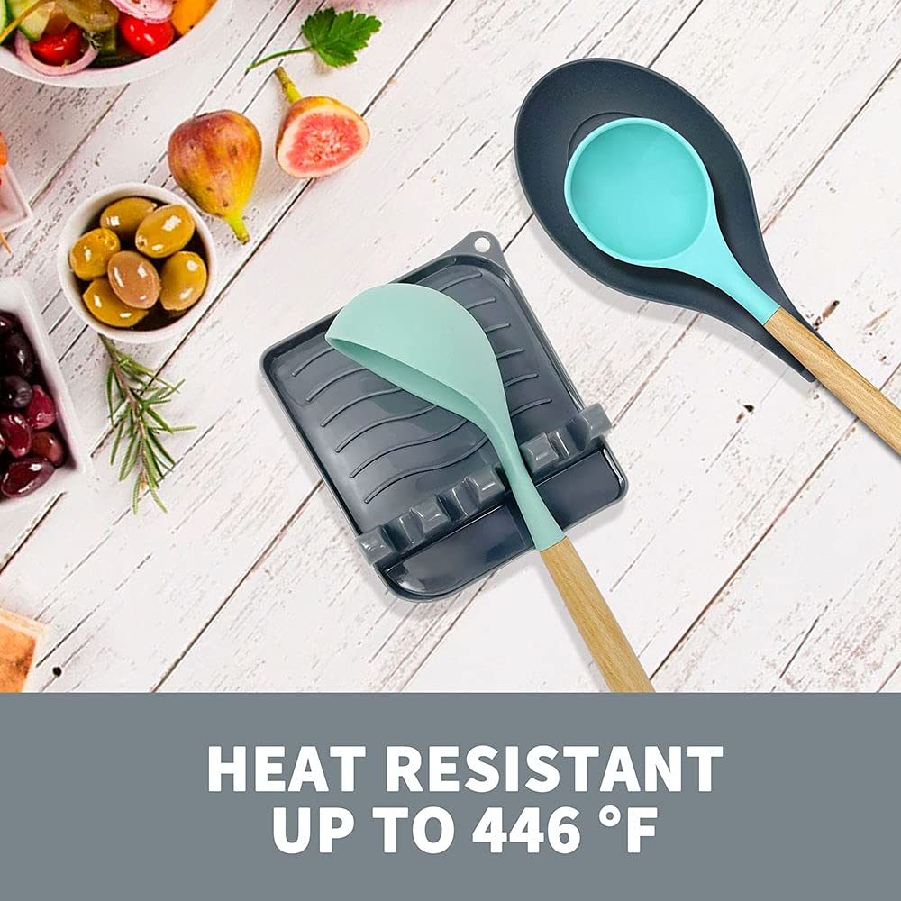 LSVGOE 2 Pack Multiple Utensil Spoon Rest with Drip Pad Non-Slip Heat Resistant Kitchen and Grill Spoon Holder for Spatula, Ladle, Tongs, Kitchen Gadgets, and Cooking Accessories (Silver Gray)