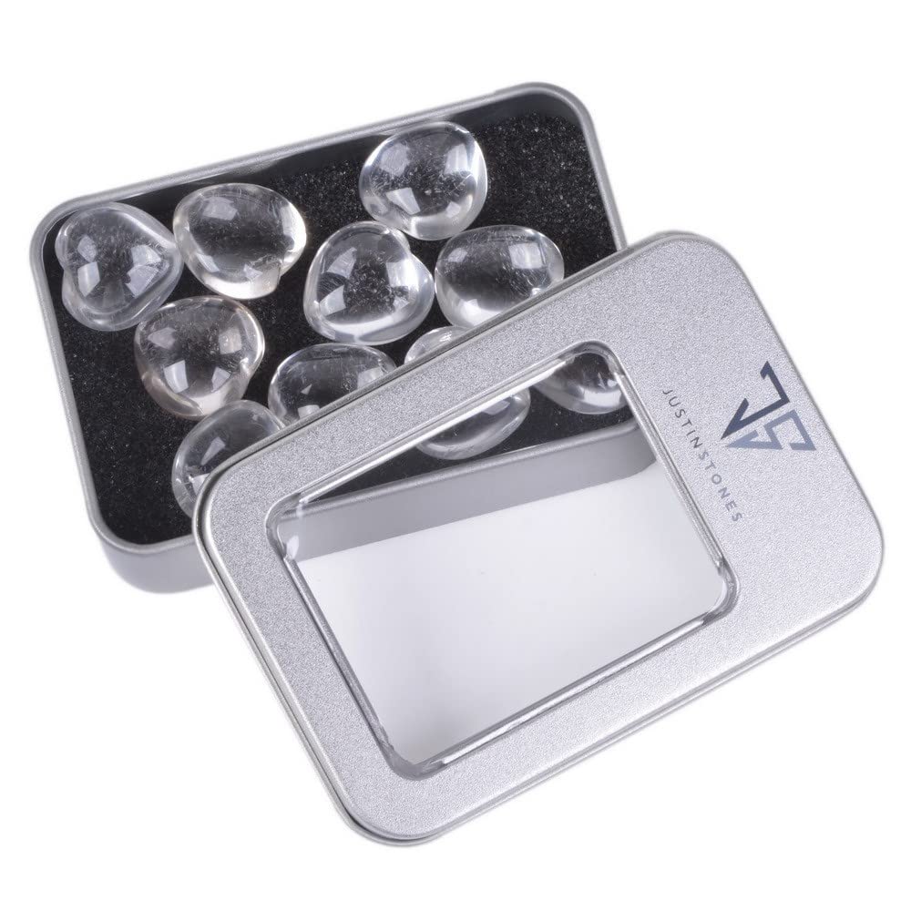 Natural Clear Quartz Gemstone Healing Crystal 0.8" Mini Puffy Heart Pocket Stone Iron Gift Box (Pack of 10)