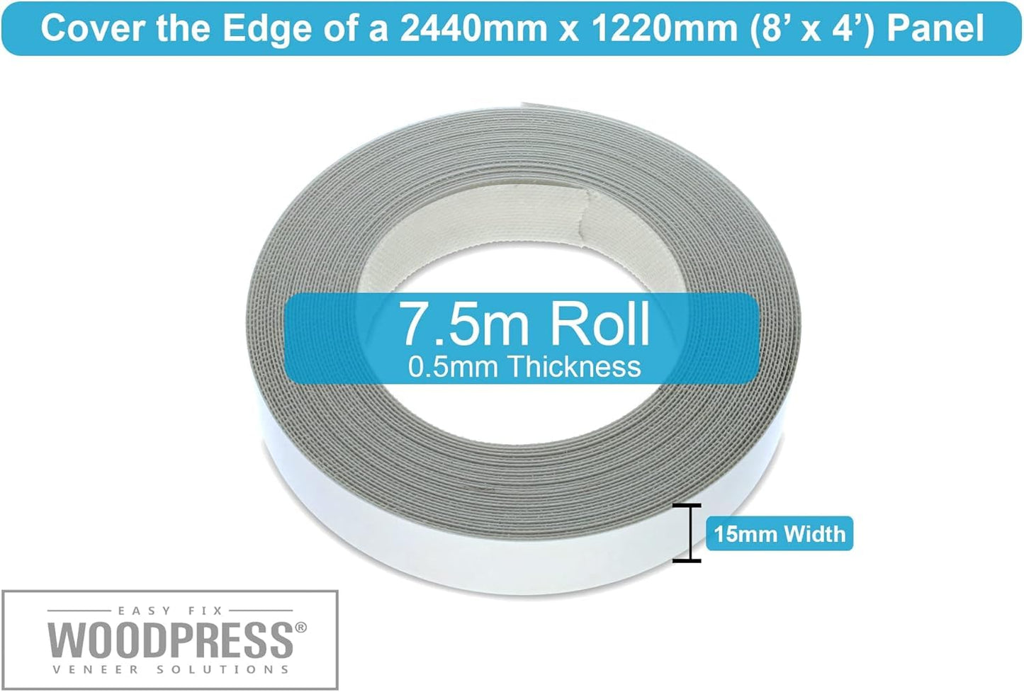 WoodPress® 15mm Matt White Melamine Edging, Pre-Glued Veneer Tape – 7.5m Roll - Iron-On for Easy DIY Application – Will Cover the Edge of a Standard MDF Panel