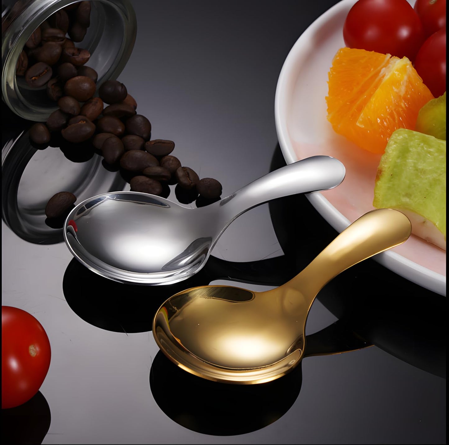 5PCS Short Handle Spoon, Stainless Steel Mini Spoons Thickened Small Round Spoon For Salt Condiments Dessert Tea Coffee (Black)