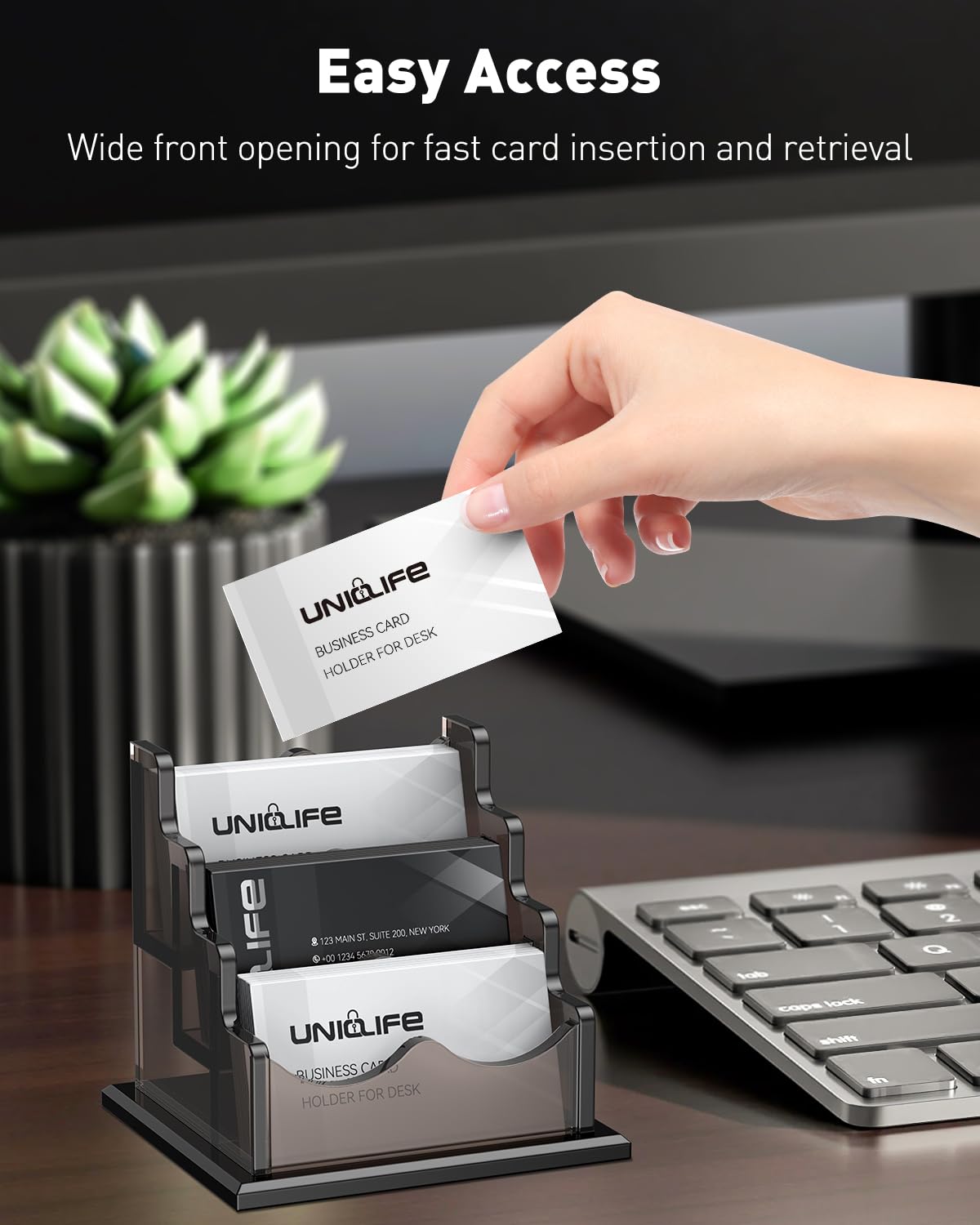 Uniclife Acrylic Business Card Holder for Desk 3 Slots Horizontal Business Card Display Stand for Men and Women Desktop Name Card Organizer Card Stand for Office Home, 180 Card Capacity, Black
